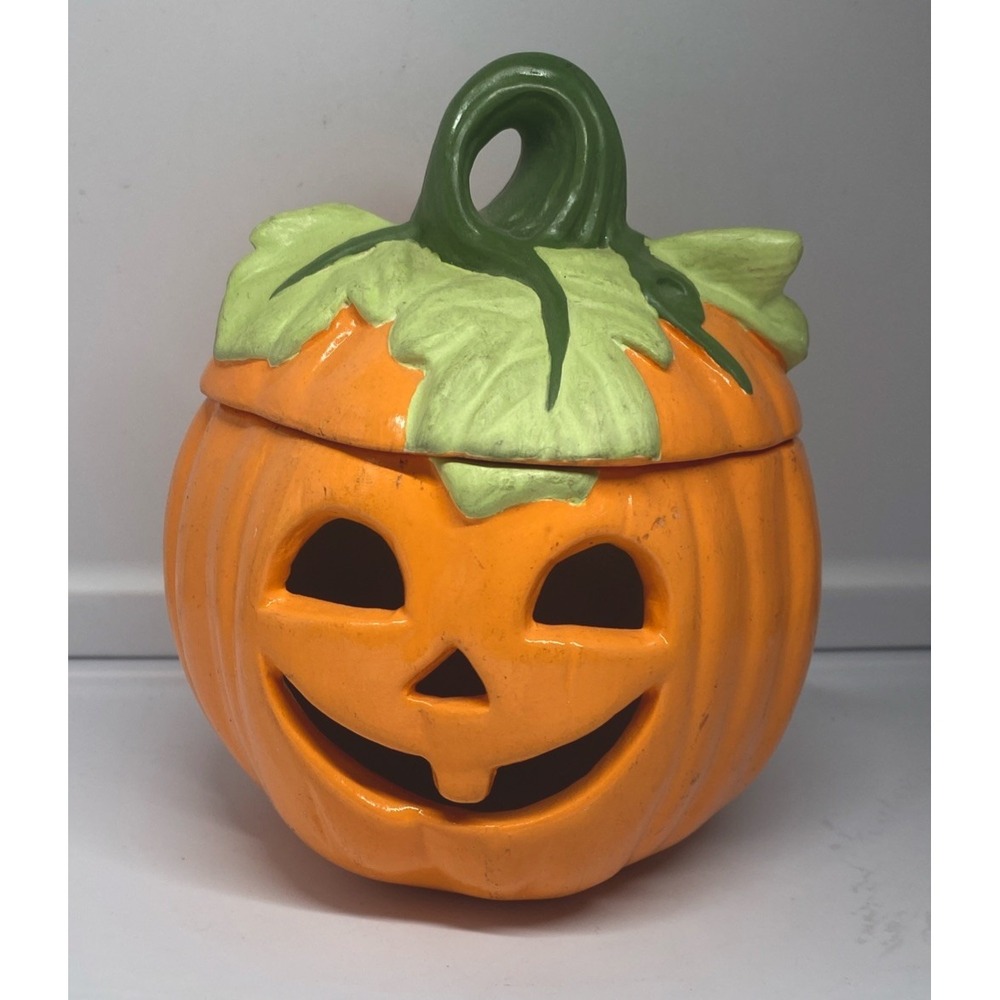 Vintage Halloween Jack-o'-Lantern Pumpkin Ceramic‎ Jar With Lid